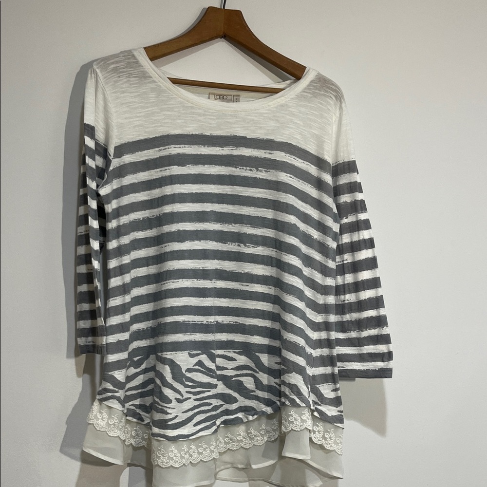 LOGO by Lori Goldstein Gray and White Striped Top with Lace Hem